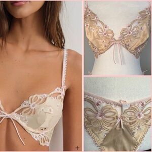 For Love & Lemons GORGEOUS "Flyaway Bows" Bra & Thong, Satin/Crystals 36D/L NWT